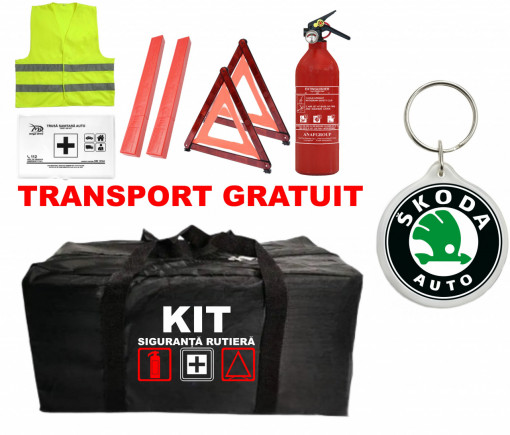 Set Kit - Trusa siguranta auto omologat R.A.R, Stingator cu manometru 1kg P1 , Trusa Medicala, 2 Triunghiuri Reflectorizante , 1 Breloc SKODA