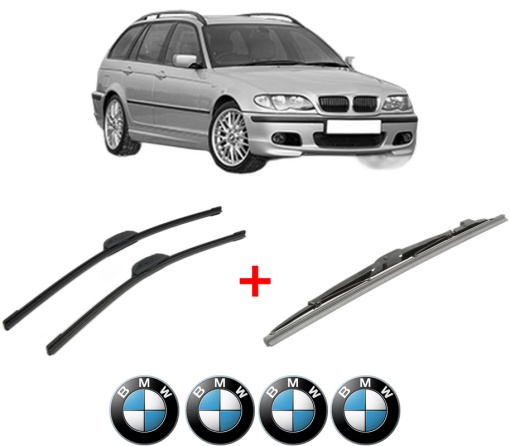 Set 3 stergatoare BMW Seria 3 Touring (E46) din 1999 - 2005, pentru parbriz si luneta fata si spate auto, Bosch Twin, din cauciuc siliconat rezistent, 4 Stickere Auto BMW