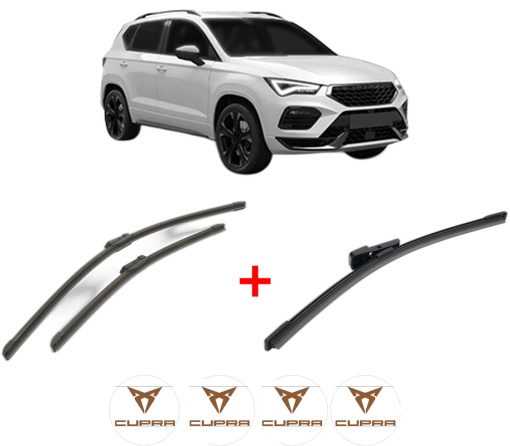 Set 3 stergatoare CUPRA ATECA (KH7, KHP, KBP) din 2018, pentru parbriz si luneta fata si spate auto, Bosch Aerotwin, din cauciuc siliconat rezistent, 4 Stickere Auto CUPRA