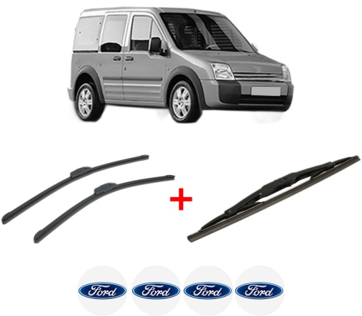 Set 3 stergatoare FORD TOURNEO CONNECT din 2002 - 2024, pentru parbriz si luneta fata si spate auto, Bosch Twin, din cauciuc siliconat rezistent, 4 Stickere Auto FORD