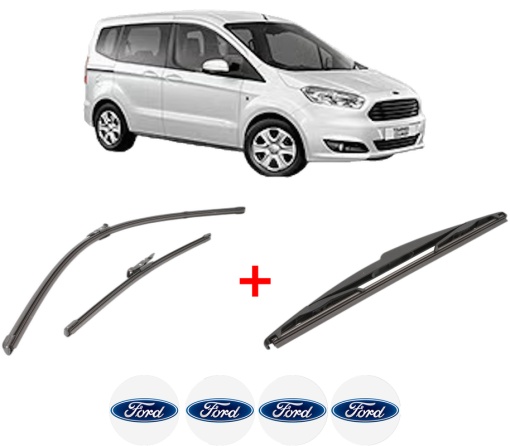 Set 3 stergatoare FORD TOURNEO COURIER B460 MPV din 2014 - 2023, pentru parbriz si luneta fata si spate auto, Valeo Silencio, din cauciuc siliconat rezistent, 4 Stickere Auto FORD