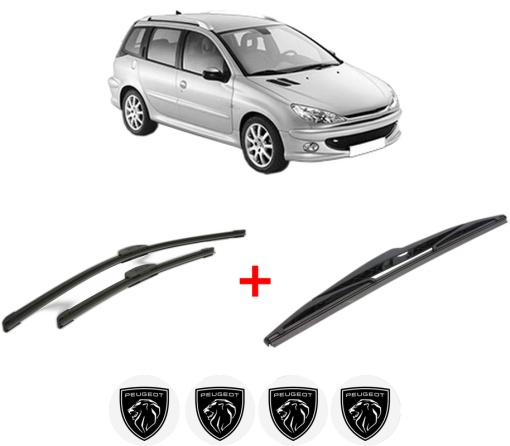 Set 3 stergatoare PEUGEOT 206 SW (2E/K) din 2002 - 2008, pentru parbriz si luneta fata si spate auto, Bosch Twin, din cauciuc siliconat rezistent, 4 Stickere Auto PEUGEOT