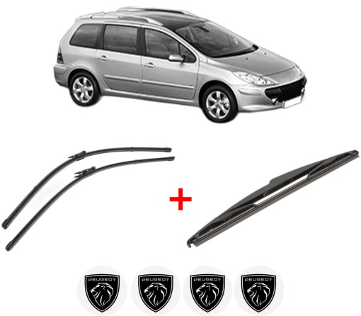 Set 3 stergatoare PEUGEOT 307 SW (3H) din 2002 - 2009, pentru parbriz si luneta fata si spate auto, Valeo Silencio, din cauciuc siliconat rezistent, 4 Stickere Auto PEUGEOT