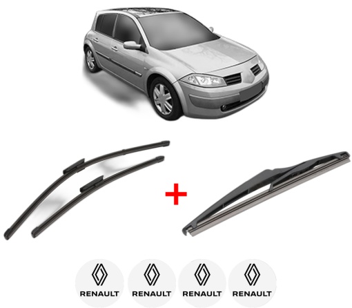 Set 3 stergatoare RENAULT MEGANE II Hatchback Van (KM0/2_) din 2003 - 2009, pentru parbriz si luneta fata si spate auto, Valeo Silencio, din cauciuc siliconat rezistent, 4 Stickere Auto RENAULT