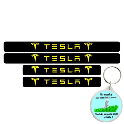 Set 4 protectii praguri auto, autoadezive Tesla si breloc Succes,