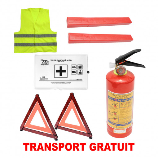 Set Kit siguranta auto omologat R.A.R, Stingator cu manometru 1kg P1 , Trusa Medicala, 2 Triunghiuri Reflectorizante - kit compatibil cu orice autoturism