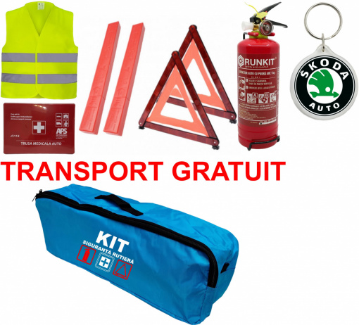Set Kit siguranta auto omologat R.A.R, Stingator cu manometru 1kg P1 , Trusa Medicala, 2 Triunghiuri Reflectorizante, geanta color - albastra + Breloc Cadou SKODA- kit compatibil cu orice autoturism