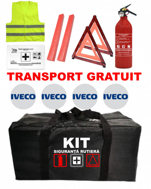 Set Kit - Trusa siguranta auto omologat R.A.R, Stingator cu manometru 1kg P1 , Trusa Medicala, 2 Triunghiuri Reflectorizante , 4 stickere autoadezive IVECO