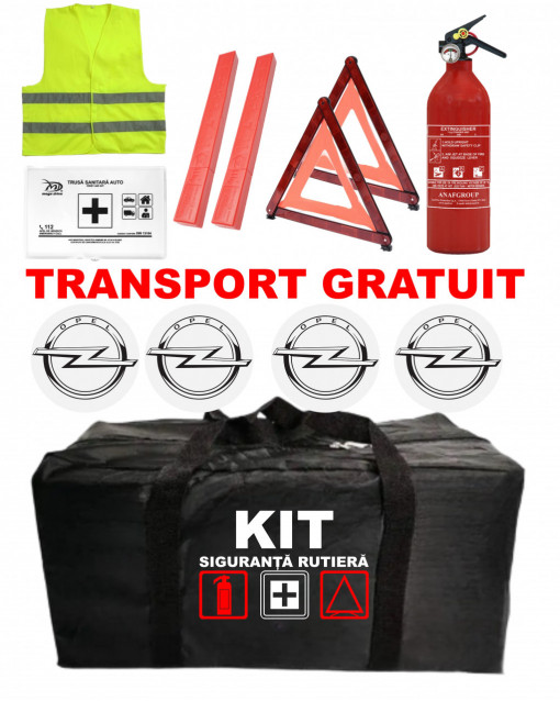 Set Kit - Trusa siguranta auto omologat R.A.R, Stingator cu manometru 1kg P1 , Trusa Medicala, 2 Triunghiuri Reflectorizante , 4 stickere autoadezive Opel