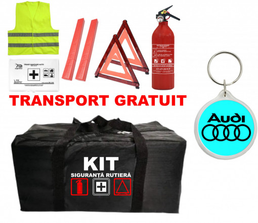 Set Kit - Trusa siguranta auto omologat R.A.R, Stingator cu manometru 1kg P1 , Trusa Medicala, 2 Triunghiuri Reflectorizante , 1Breloc AUDI