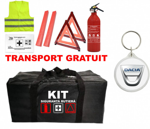 Set Kit - Trusa siguranta auto omologat R.A.R, Stingator cu manometru 1kg P1 , Trusa Medicala, 2 Triunghiuri Reflectorizante , 1 Breloc DACIA