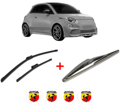 Set 3 stergatoare ABARTH 500E Convertible (332_) din 2023, pentru parbriz si luneta fata si spate auto, Bosch Twin, din cauciuc siliconat rezistent, 4 Stickere Auto ABARTH