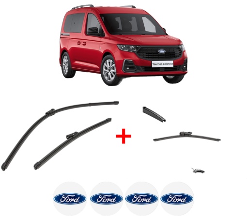 Set 3 stergatoare FORD TOURNEO CONNECT / GRAND TOURNEO CONNECT V761 MPV (SK) din 2022 - 2024, pentru parbriz si luneta fata si spate auto, Valeo Silencio, din cauciuc siliconat rezistent, 4 Stickere Auto FORD