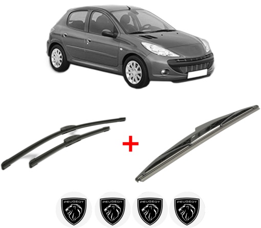 Set 3 stergatoare PEUGEOT 206+ (2L_, 2M_) din 2009 - 2013, pentru parbriz si luneta fata si spate auto, Bosch Twin, din cauciuc siliconat rezistent, 4 Stickere Auto PEUGEOT