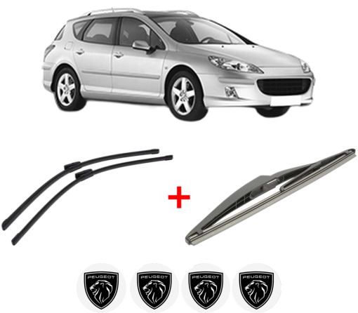 Set 3 stergatoare PEUGEOT 407 SW (6E_, 6D_) din 2004 - 2010, pentru parbriz si luneta fata si spate auto, Bosch Twin, din cauciuc siliconat rezistent, 4 Stickere Auto PEUGEOT