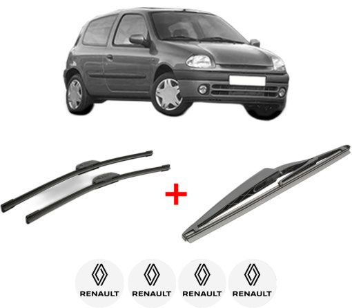 Set 3 stergatoare RENAULT CLIO II (BB_, CB_) din 1998 - 2016, pentru parbriz si luneta fata si spate auto, Bosch Twin, din cauciuc siliconat rezistent, 4 Stickere Auto RENAULT