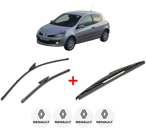 Set 3 stergatoare RENAULT CLIO III (BR0/1, CR0/1) din 2005 - 2014, pentru parbriz si luneta fata si spate auto, Valeo Silencio, din cauciuc siliconat rezistent, 4 Stickere Auto RENAULT