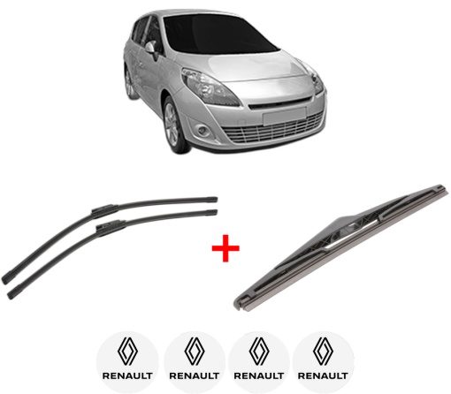 Set 3 stergatoare RENAULT SCENIC III VAN (JZ0/1_) din 2009 - 2016, pentru parbriz si luneta fata si spate auto, Bosch Twin, din cauciuc siliconat rezistent, 4 Stickere Auto RENAULT