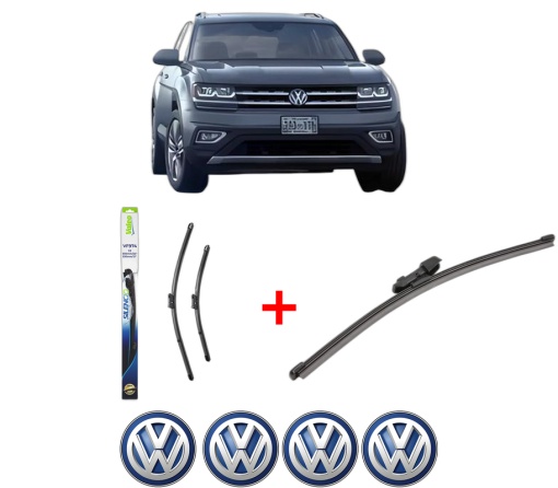 Set 3 stergatoare Volkswagen ATLAS (CA1, CA2, CA3) din 2016, pentru parbriz si luneta fata si spate auto, Valeo Silencio Xtrm, din cauciuc siliconat rezistent, 4 Stickere Auto VW