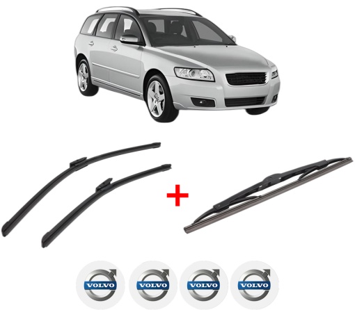 Set 3 stergatoare VOLVO V50 (545) din 2003 - 2012, pentru parbriz si luneta fata si spate auto, Bosch Twin, din cauciuc siliconat rezistent, 4 Stickere Auto VOLVO