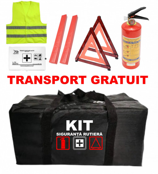 Set Kit siguranta auto omologat R.A.R, Stingator cu manometru 1kg P1 , Trusa Medicala, 2 Triunghiuri Reflectorizante, geanta - kit compatibil cu orice autoturism