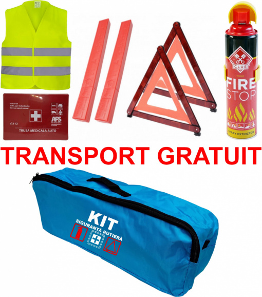 Set Kit siguranta auto omologat R.A.R, Stingator cu manometru 1kg P1 , Trusa Medicala, 2 Triunghiuri Reflectorizante, geanta color - albastra - kit compatibil cu orice autoturism