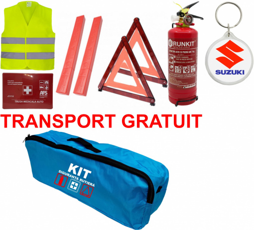 Set Kit siguranta auto omologat R.A.R, Stingator cu manometru 1kg P1 , Trusa Medicala, 2 Triunghiuri Reflectorizante, geanta color - albastra + Breloc Cadou SUZUKI- kit compatibil cu orice autoturism