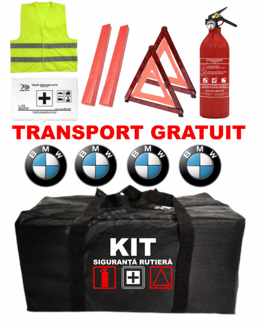 Set Kit - Trusa siguranta auto omologat R.A.R, Stingator cu manometru 1kg P1 , Trusa Medicala, 2 Triunghiuri Reflectorizante , 4 stickere autoadezive BMW