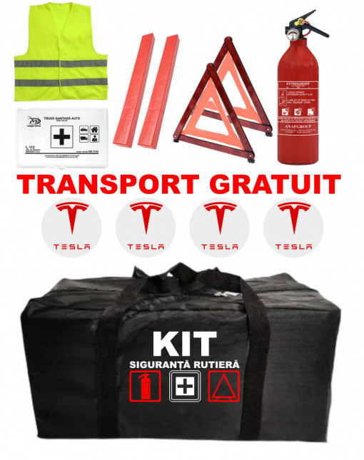 Set Kit - Trusa siguranta auto omologat R.A.R, Stingator cu manometru 1kg P1 , Trusa Medicala, 2 Triunghiuri Reflectorizante , 4 stickere autoadezive TESLA