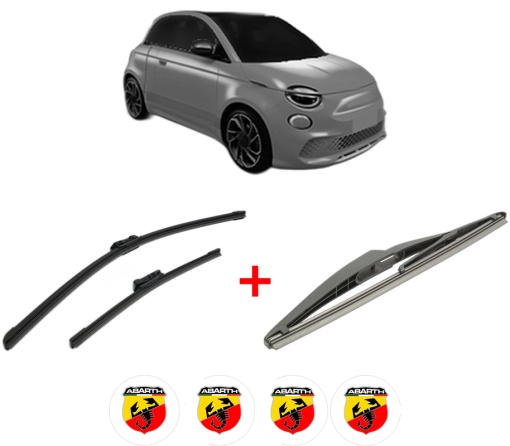 Set 3 stergatoare ABARTH 500E Hatchback (332_) din 2023, pentru parbriz si luneta fata si spate auto, Bosch Twin, din cauciuc siliconat rezistent, 4 Stickere Auto ABARTH