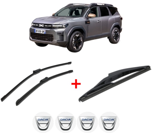 Set 3 stergatoare DACIA BIGSTER din 2024, pentru parbriz si luneta fata si spate auto, Bosch Twin, din cauciuc siliconat rezistent, 4 Stickere Auto DACIA