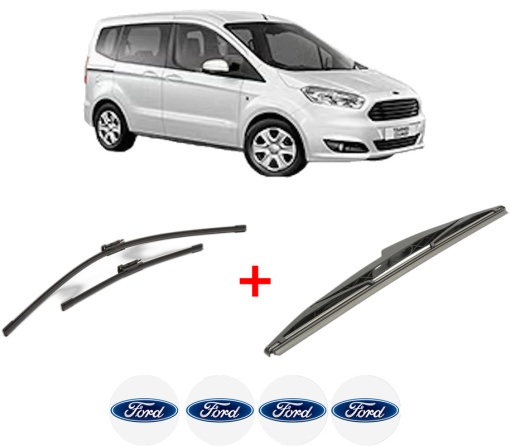 Set 3 stergatoare FORD TOURNEO COURIER B460 MPV din 2014 - 2023, pentru parbriz si luneta fata si spate auto, Bosch Twin, din cauciuc siliconat rezistent, 4 Stickere Auto FORD