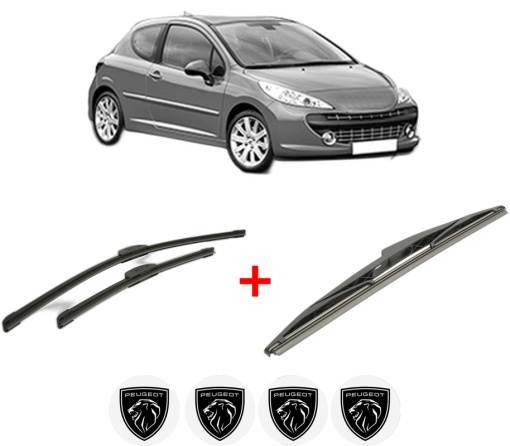 Set 3 stergatoare PEUGEOT 207 (WA_, WC_) din 2006 - 2015, pentru parbriz si luneta fata si spate auto, Bosch Twin, din cauciuc siliconat rezistent, 4 Stickere Auto PEUGEOT