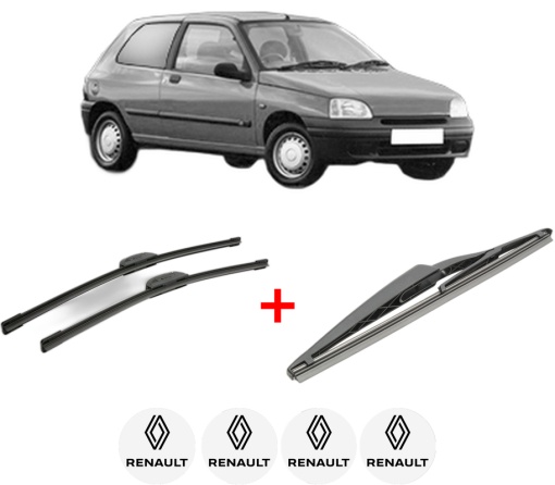 Set 3 stergatoare RENAULT CLIO II Hatchback Van (SB0/1/2_) din 1998 - 2010, pentru parbriz si luneta fata si spate auto, Bosch Twin, din cauciuc siliconat rezistent, 4 Stickere Auto RENAULT