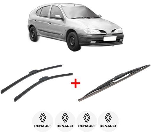 Set 3 stergatoare RENAULT MEGANE I (BA0/1_) din 1996 - 2003, pentru parbriz si luneta fata si spate auto, Bosch Twin, din cauciuc siliconat rezistent, 4 Stickere Auto RENAULT