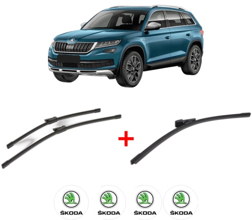 Set 3 stergatoare SKODA KODIAQ I (NS6, NS7, NV7) din 2016, pentru parbriz si luneta fata si spate auto, Bosch Aerotwin, din cauciuc siliconat rezistent, 4 Stickere Auto SKODA