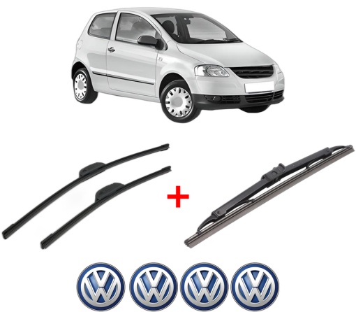 Set 3 stergatoare Volkswagen FOX Hatchback (5Z1, 5Z3, 5Z4) din 2005 - 2011, pentru parbriz si luneta fata si spate auto, Bosch Twin, din cauciuc siliconat rezistent, 4 Stickere Auto VW
