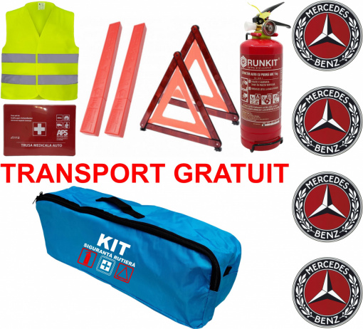 Set Kit siguranta auto omologat R.A.R, Stingator cu manometru 1kg P1 , Trusa Medicala, 2 Triunghiuri Reflectorizante, geanta color - albastra + Stickere Cadou MERCEDES- kit compatibil cu orice autoturism