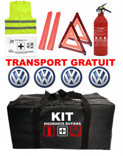 Set Kit - Trusa siguranta auto omologat R.A.R, Stingator cu manometru 1kg P1 , Trusa Medicala, 2 Triunghiuri Reflectorizante , 4 stickere autoadezive Volkswagen