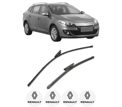 Set stergatoare RENAULT MEGANE III Combi Van (KZ0/1) din 2009-2015, pentru parbriz auto, 2 bucati, Valeo Silencio Xtrm, din cauciuc siliconat rezistent, 4 Stickere Auto RENAULT