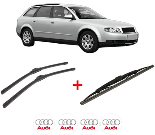 Set 3 stergatoare AUDI A4 B6 Avant (8E5) din 2001 - 2004, pentru parbriz si luneta fata si spate auto, Bosch Twin, din cauciuc siliconat rezistent, 4 Stickere Auto AUDI