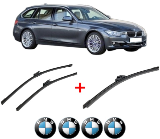 Set 3 stergatoare BMW Seria 3 Touring (F31) din 2012 - 2019, pentru parbriz si luneta fata si spate auto, Bosch Aerotwin, din cauciuc siliconat rezistent, 4 Stickere Auto BMW