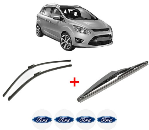 Set 3 stergatoare FORD C-MAX II (DXA/CB7, DXA/CEU) din 2010 - 2019, pentru parbriz si luneta fata si spate auto, Bosch Twin, din cauciuc siliconat rezistent, 4 Stickere Auto FORD
