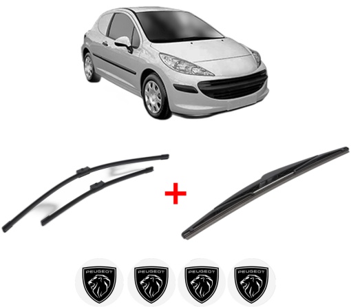 Set 3 stergatoare PEUGEOT 207 Hatchback Van (WA_, WC_) din 2007 - 2012, pentru parbriz si luneta fata si spate auto, Bosch Twin, din cauciuc siliconat rezistent, 4 Stickere Auto PEUGEOT