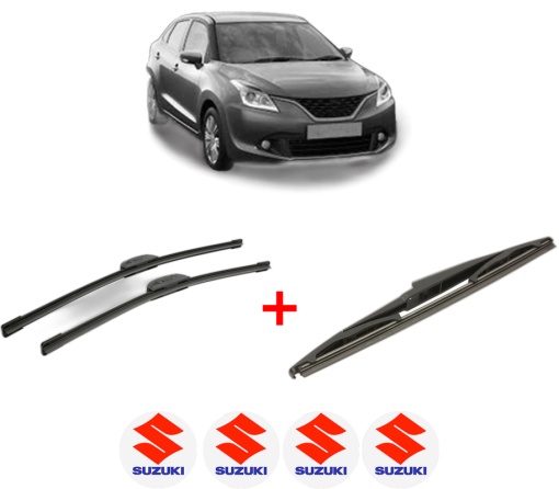 Set 3 stergatoare SUZUKI BALENO (FW, EW) din 2016, pentru parbriz si luneta fata si spate auto, Bosch Twin, din cauciuc siliconat rezistent, 4 Stickere Auto SUZUKI