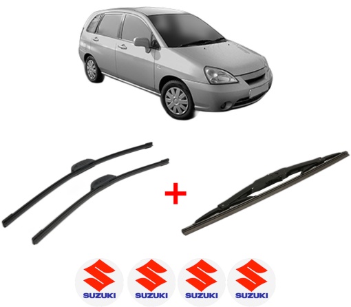 Set 3 stergatoare SUZUKI LIANA Hatchback din 2001 - 2007, pentru parbriz si luneta fata si spate auto, Bosch Twin, din cauciuc siliconat rezistent, 4 Stickere Auto SUZUKI