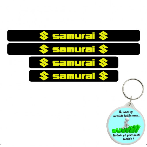 Set 4 protectii praguri auto, autoadezive Samurai si breloc Succes,