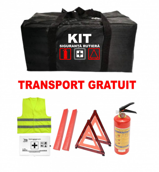 Set Kit siguranta auto omologat R.A.R, Stingator cu manometru 1kg P1 , Trusa Medicala omologata , 2 Triunghiuri Reflectorizante, geanta depozitare - kit compatibil cu orice autoturism