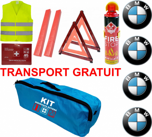 Set Kit siguranta auto omologat R.A.R, Stingator cu manometru 1kg P1 , Trusa Medicala, 2 Triunghiuri Reflectorizante, Stickere Cadou BMW, geanta color - albastra - kit compatibil cu orice autoturism