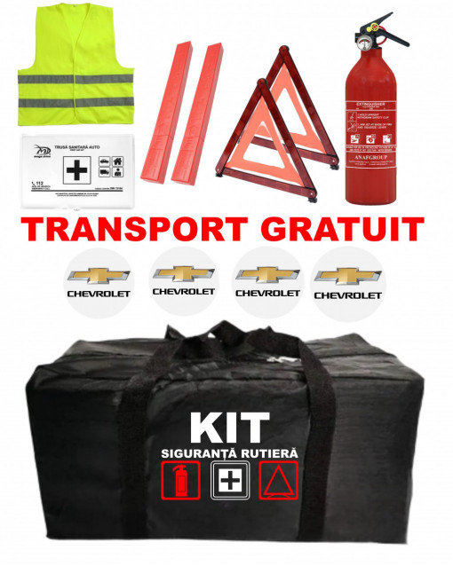 Set Kit - Trusa siguranta auto omologat R.A.R, Stingator cu manometru 1kg P1 , Trusa Medicala, 2 Triunghiuri Reflectorizante , 4 stickere autoadezive Chevrolet